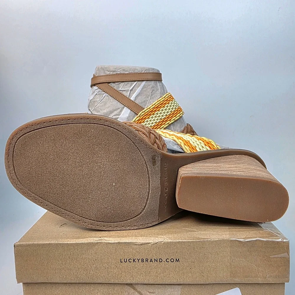 Lucky Brand‎ Women's Lissie Wedge Sandals Tan Sunflower Multi Braided Straps 11M